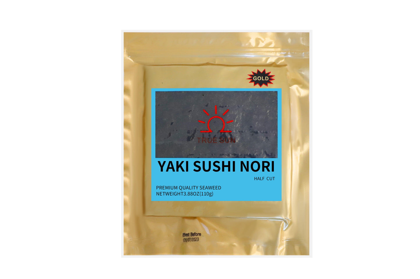 True Sun Sushi Nori Blue Gold, Half cut, 100 pieces/bag, 10 bags/box - True Sun