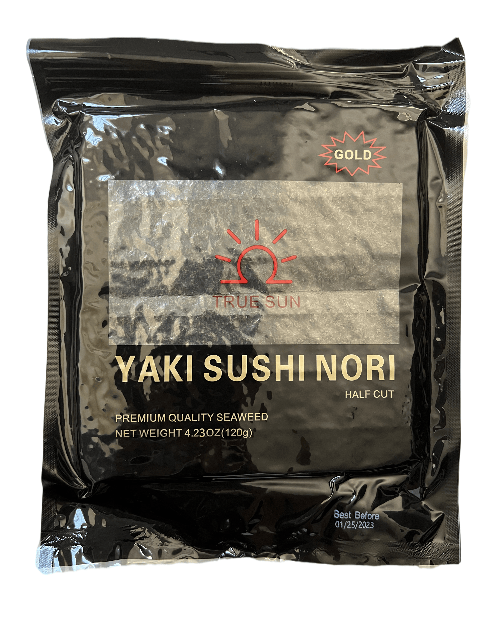True Sun Sushi Nori Special Black Gold, Half cut, 100 pieces/bag, 10 bags/box - True Sun